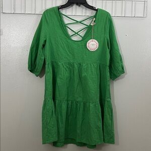 Umgee Women S Green Babydoll Tiered Dress Casual 100% Cotton Beach 6221‎